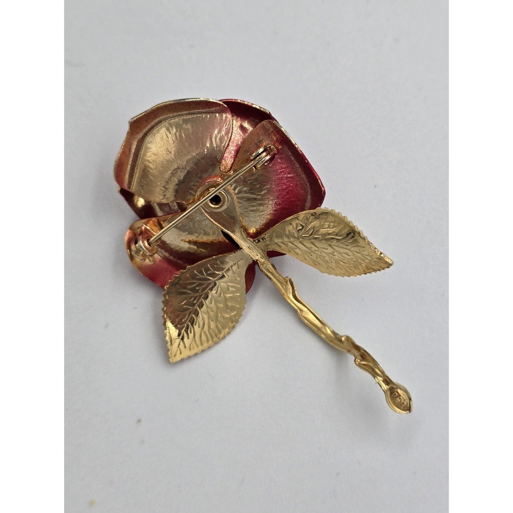 Vintage Giovanni USA Gold Tone Red Rose of Love Brooch 2.5" - Picture 7 of 8